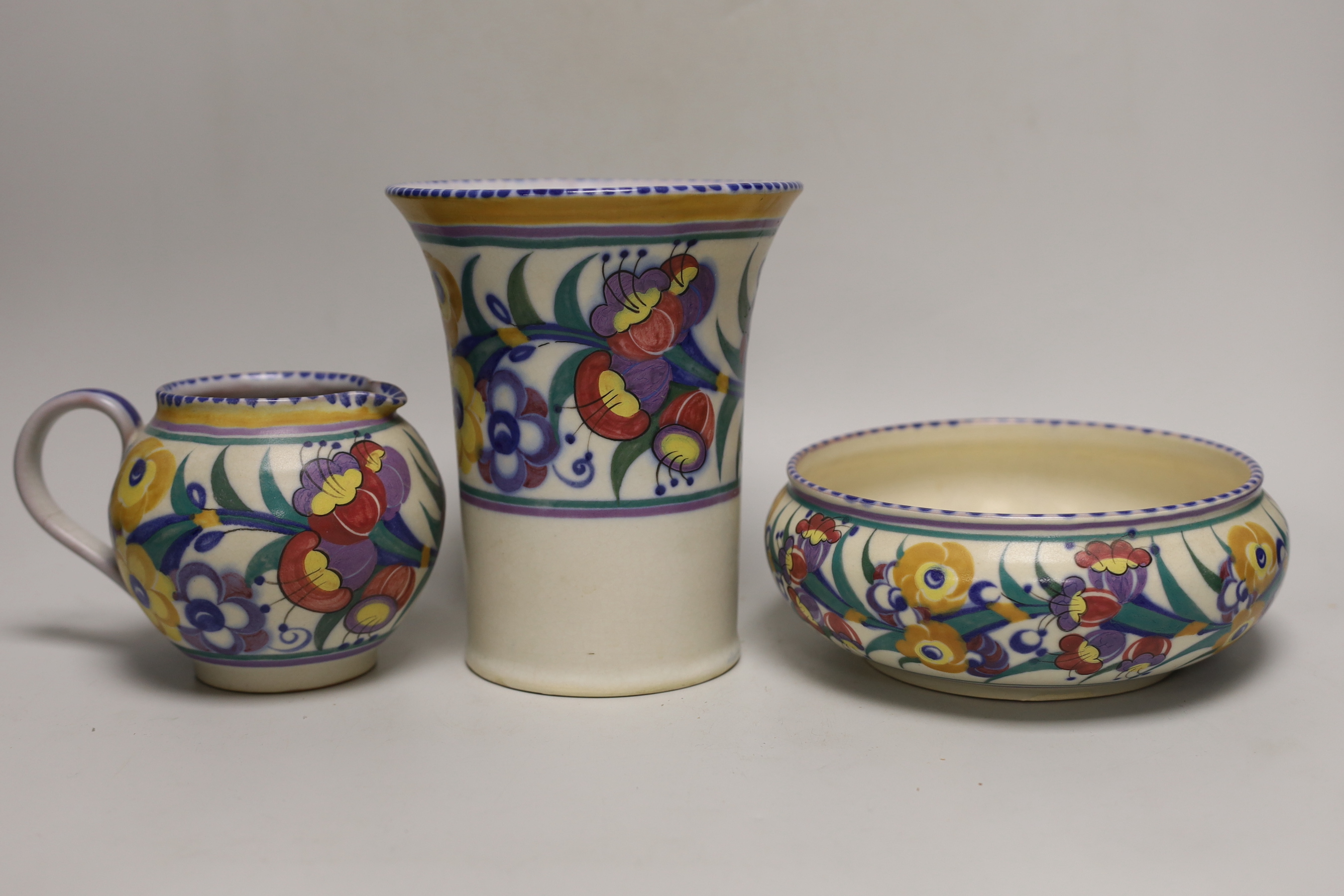 Carter, Stabler and Adams, Poole Fuschia-pattern, four vases, (tallest 19cm) a bowl and a jug